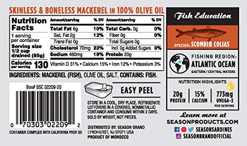 Season Mackerel in Olive Oil – Skinless & Boneless, Wild Caught, Keto Snacks, Canned Mackerel Fillets, Full of Vitamins, Low in Mercury, Kosher, Non-GMO, 20g of Protein – 4.37 Oz, 12-Pack