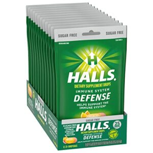 HALLS Defense Assorted Citrus Sugar Free Vitamin C Drops, Dietary Supplement Drops, 12 Bags of 25 Drops (300 Total Drops)