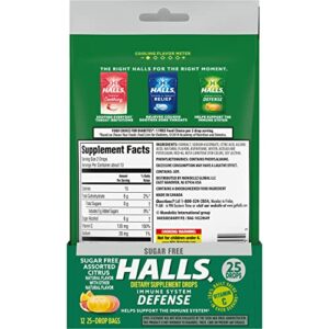 HALLS Defense Assorted Citrus Sugar Free Vitamin C Drops, Dietary Supplement Drops, 12 Bags of 25 Drops (300 Total Drops)