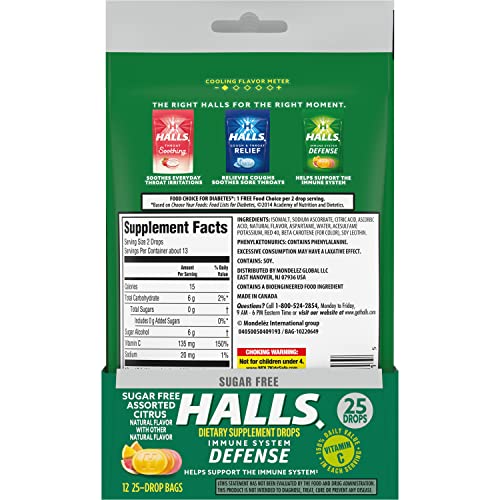 HALLS Defense Assorted Citrus Sugar Free Vitamin C Drops, Dietary Supplement Drops, 12 Bags of 25 Drops (300 Total Drops)