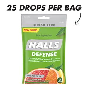 HALLS Defense Assorted Citrus Sugar Free Vitamin C Drops, Dietary Supplement Drops, 12 Bags of 25 Drops (300 Total Drops)