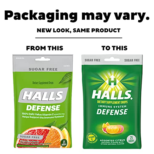 HALLS Defense Assorted Citrus Sugar Free Vitamin C Drops, Dietary Supplement Drops, 12 Bags of 25 Drops (300 Total Drops)