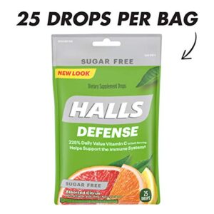 HALLS Defense Assorted Citrus Sugar Free Vitamin C Drops, Dietary Supplement Drops, 12 Bags of 25 Drops (300 Total Drops)