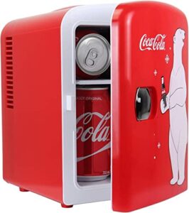 coca-cola 4l portable cooler/warmer, compact personal-travel-fridge for snacks lunch drinks cosmetics, includes 12v and ac cords, cute desk accessory for home office dorm , red, polar bear