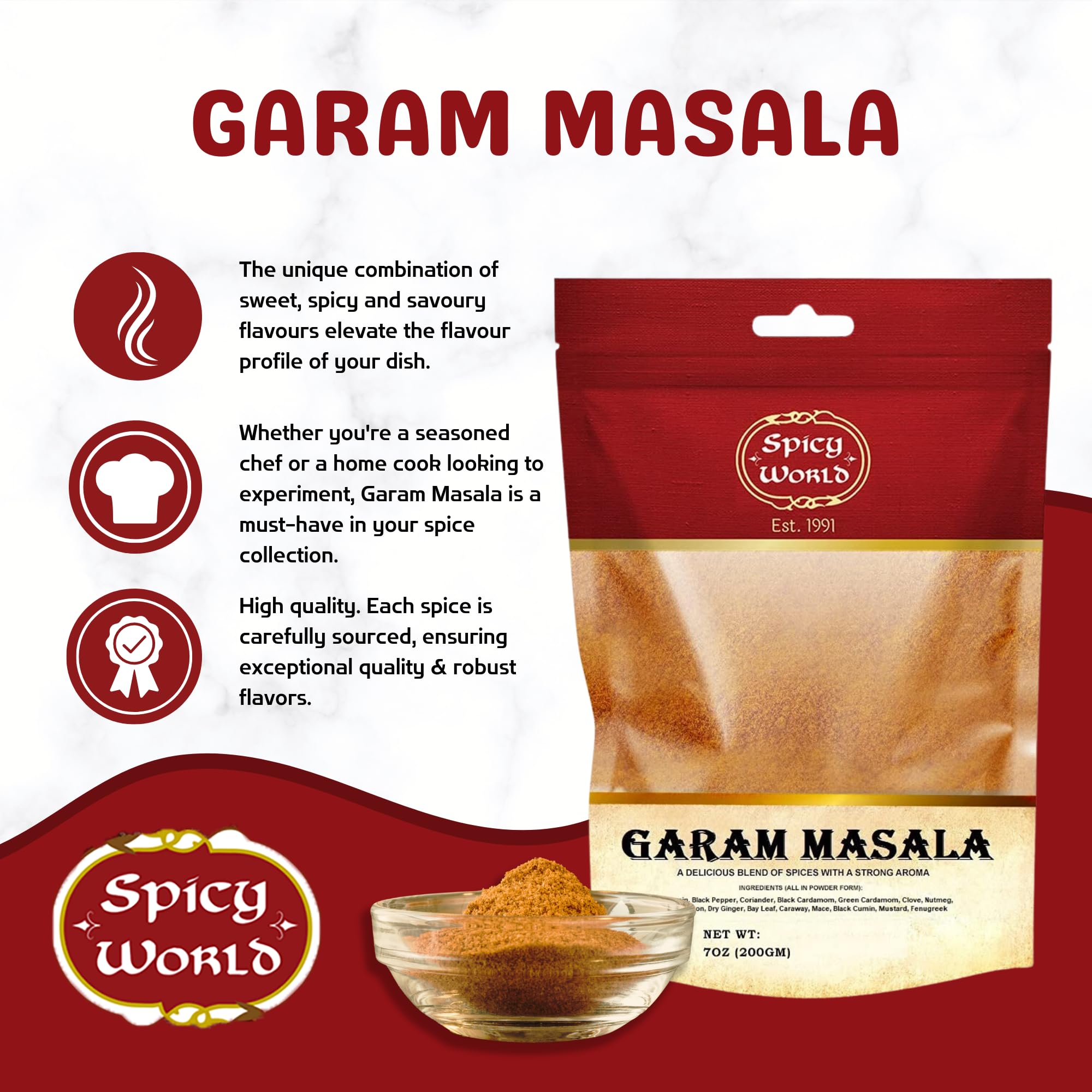 Spicy World Garam Masala Powder 7-Ounce (15 Premium Spice Blend) | Salt Free, Vegan | Indian Origin | Garam Masala Spice Powder