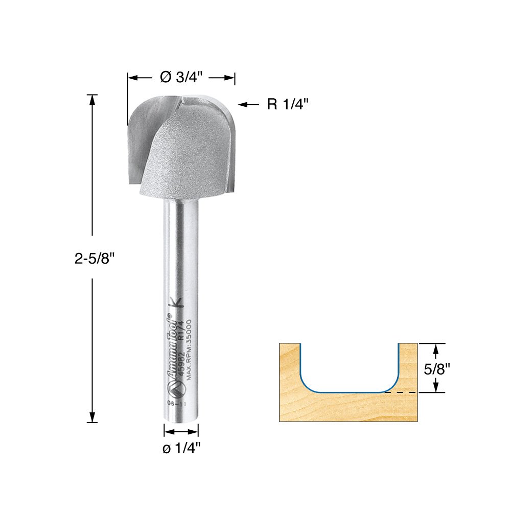 Amana Tool - 45982 Carbide Tipped Bowl & Tray 1/4 Radius x 3/4 Dia x 5/8 x 1/4" Shank
