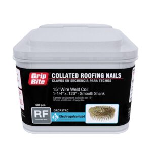 grip-rite 1-1/4-inch 15? electro-galvanized coil roofing nails, smooth shank, 600 nails per tub