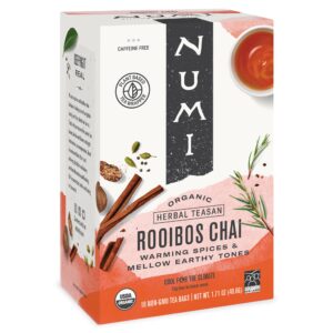 numi organic rooibos chai tea, 18 tea bags, red tea with cinnamon, allspice & ginger, caffeine free (packaging may vary)