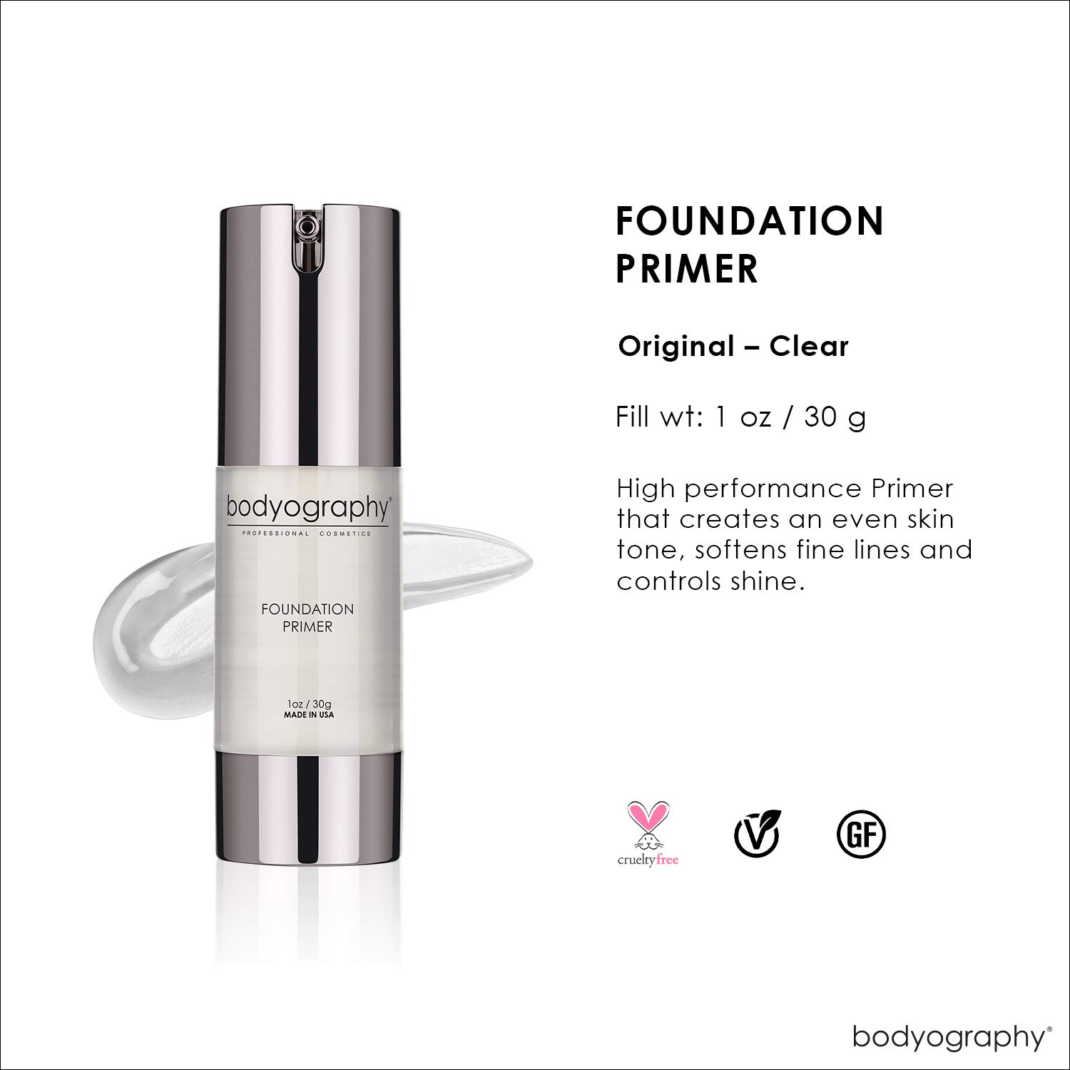 BODYOGRAPHY - Foundation Primer (Clear): Flawless Anti-Aging Salon Makeup Primer w/Vitamin E, A, Jojoba, Grapeseed Oil | Control Shine | Gluten-Free, Cruelty-Free, 1 oz.