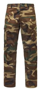 rothco relaxed fit zipper fly bdu pants, woodland camo, l