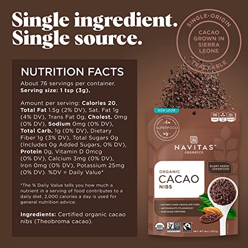 Navitas Organics Raw Cacao Nibs, 8 oz. Bag, 76 Servings — Organic, Non-GMO, Fair Trade, Gluten-Free