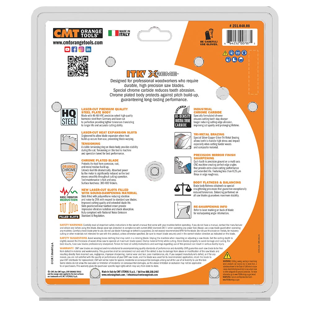 CMT 251.040.08 ITK Industrial Finish Saw Blade, 8-8-1/4-Inch x 40 Teeth 1FTG+4ATB Grind with 5/8-Inch Bore