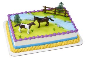 decoset® horses cake topper, 5-piece topper set cake decoration with 2 horses, fence, and trees, ready to use for equine-themed birthday, celebration, food safe
