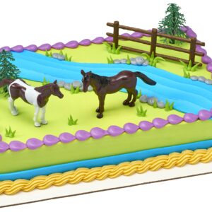 DecoSet® Horses Cake Topper, 5-Piece Topper Set Cake Decoration with 2 Horses, Fence, and Trees, Ready to Use For Equine-Themed Birthday, Celebration, Food Safe