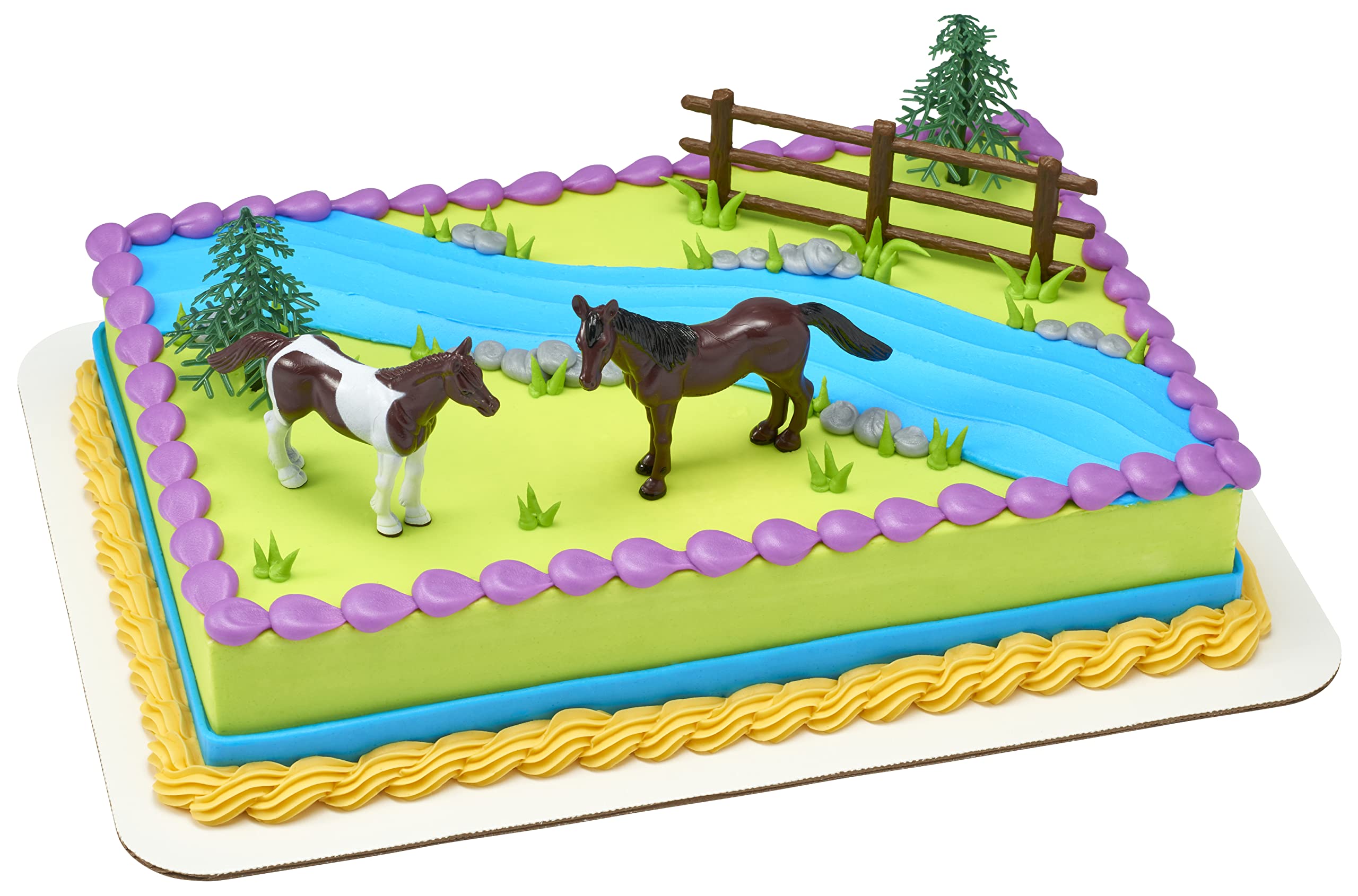 DecoSet® Horses Cake Topper, 5-Piece Topper Set Cake Decoration with 2 Horses, Fence, and Trees, Ready to Use For Equine-Themed Birthday, Celebration, Food Safe