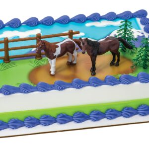 DecoSet® Horses Cake Topper, 5-Piece Topper Set Cake Decoration with 2 Horses, Fence, and Trees, Ready to Use For Equine-Themed Birthday, Celebration, Food Safe