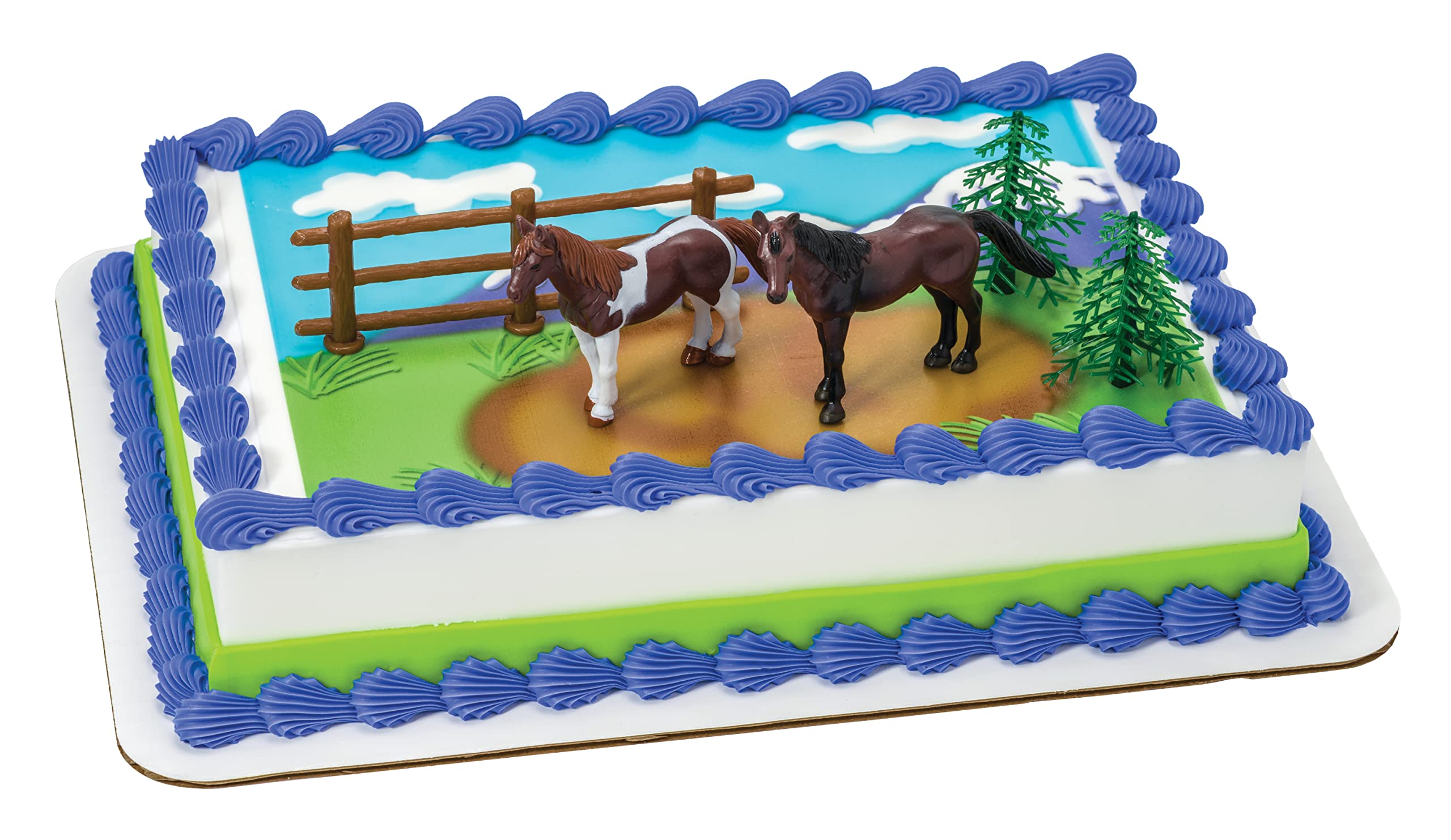 DecoSet® Horses Cake Topper, 5-Piece Topper Set Cake Decoration with 2 Horses, Fence, and Trees, Ready to Use For Equine-Themed Birthday, Celebration, Food Safe