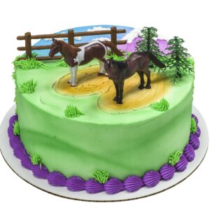 DecoSet® Horses Cake Topper, 5-Piece Topper Set Cake Decoration with 2 Horses, Fence, and Trees, Ready to Use For Equine-Themed Birthday, Celebration, Food Safe