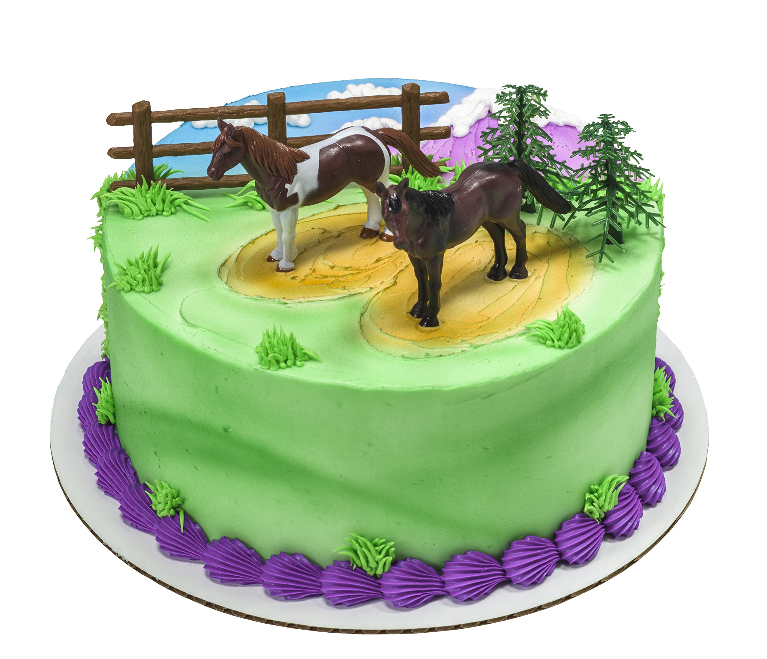 DecoSet® Horses Cake Topper, 5-Piece Topper Set Cake Decoration with 2 Horses, Fence, and Trees, Ready to Use For Equine-Themed Birthday, Celebration, Food Safe