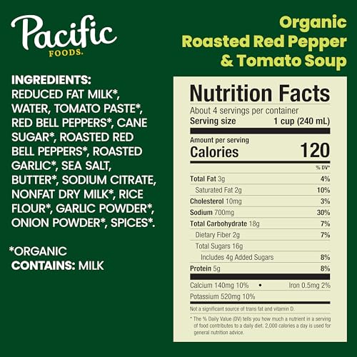 Pacific Foods Organic Creamy Roasted Red Pepper & Tomato Soup, 32 Ounce Resealable Carton