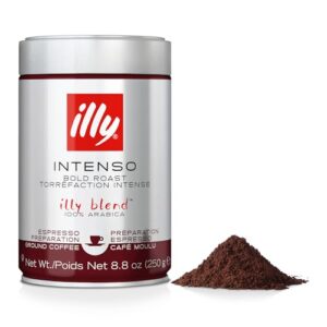 illy ground coffee espresso - 100% arabica coffee ground – intenso dark roast – warm notes of cocoa & dried fruit - rich aromatic profile - precise roast - no preservatives – 8.8 ounce