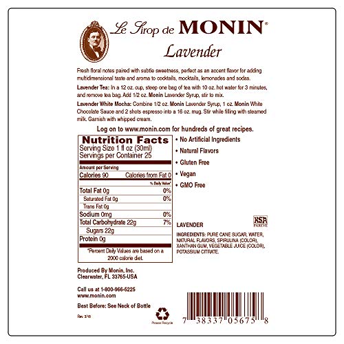 Monin - Lavender Syrup, Aromatic and Floral, Natural Flavors, Great for Cocktails, Lemonades, and Sodas, Non-GMO, Gluten-Free (750 ml)