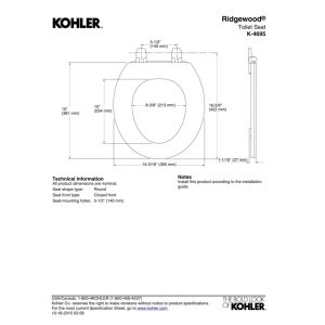 KOHLER K-4695-0 Ridgewood Molded-Wood with Color-Matched Plastic Hinges Round-front Toilet Seat, White