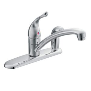 moen chateau chrome one-handle low-arc kitchen faucet with side sprayer in deck plate for 3-hole setup, 7434