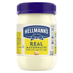 hellmann's real mayonnaise real mayo for a creamy sandwich spread or condiment gluten free, made with 100% cage-free eggs 15 oz
