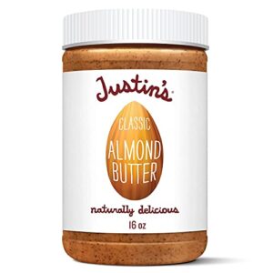 justin's classic almond butter, only two ingredients, no stir, gluten-free, non-gmo, keto-friendly, responsibly sourced, 16 ounce jar, pack of 1