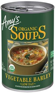 amy’s soup, vegan vegetable barley soup, low fat, made with organic tomatoes, carrots and celery, canned soup, 14.1 oz
