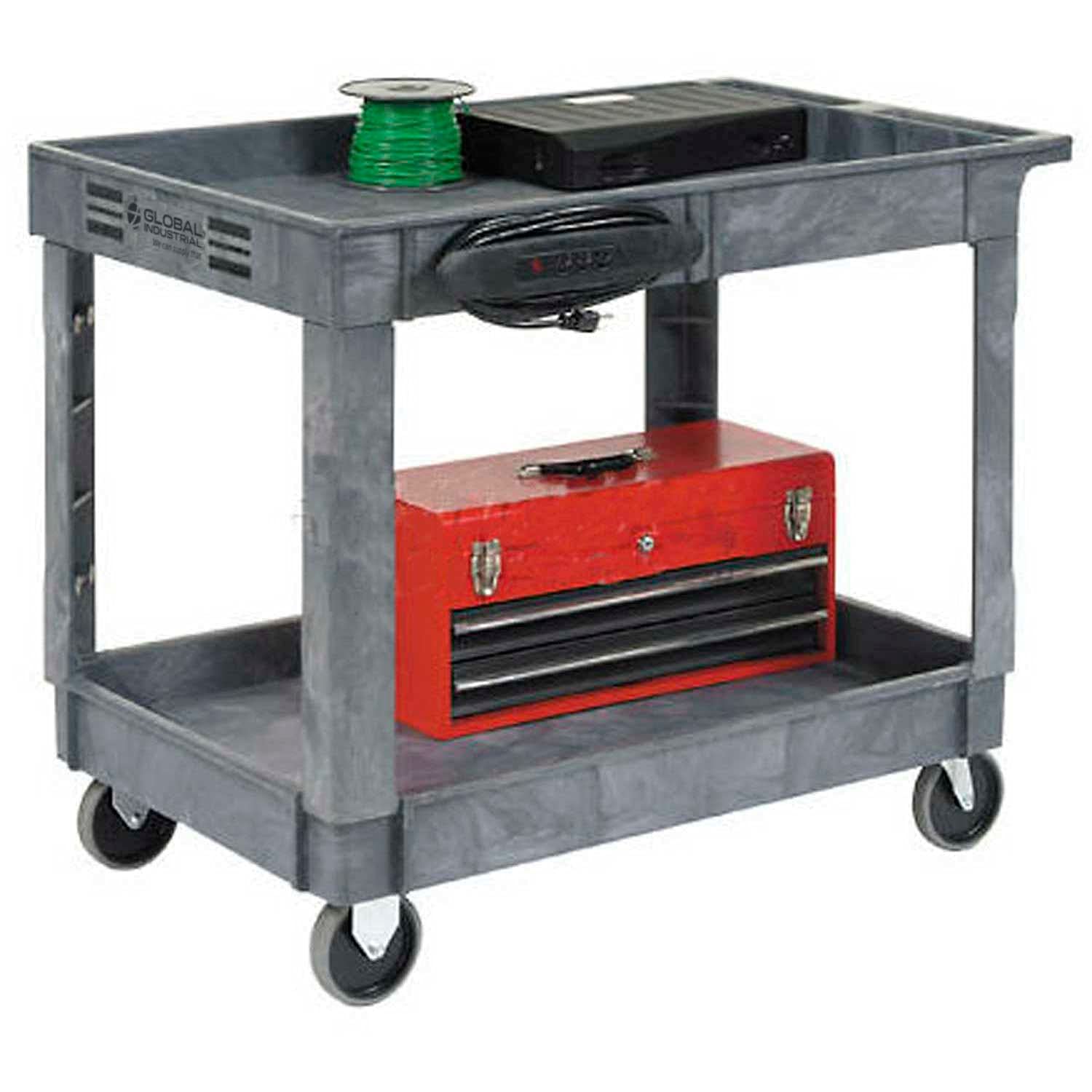 Global Industrial 2 Shelf Tray Service & Utility Cart, Plastic, 40"x26", 5" Rubber Casters