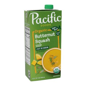 pacific foods organic butternut squash soup, plant based light sodium soup, 32 oz carton