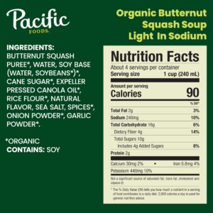 Pacific Foods Organic Butternut Squash Soup, Plant Based Light Sodium Soup, 32 oz Carton