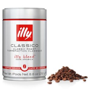 illy whole bean coffee - perfectly roasted whole coffee beans – classico medium roast - with notes of caramel, orange blossom & jasmine - 100% arabica coffee - no preservatives – 8.8 ounce