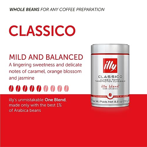 illy Whole Bean Coffee - Perfectly Roasted Whole Coffee Beans – Classico Medium Roast - with Notes of Caramel, Orange Blossom & Jasmine - 100% Arabica Coffee - No Preservatives – 8.8 Ounce