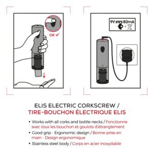 Peugeot - Elis Electric Corkscrew - Rechargeable Bottle Opener with Battery, Stainless Steel, 8 inches