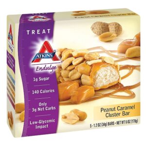 atkins peanut caramel cluster bar, dessert favorite, high in fiber, 3g net carb, 1g sugar