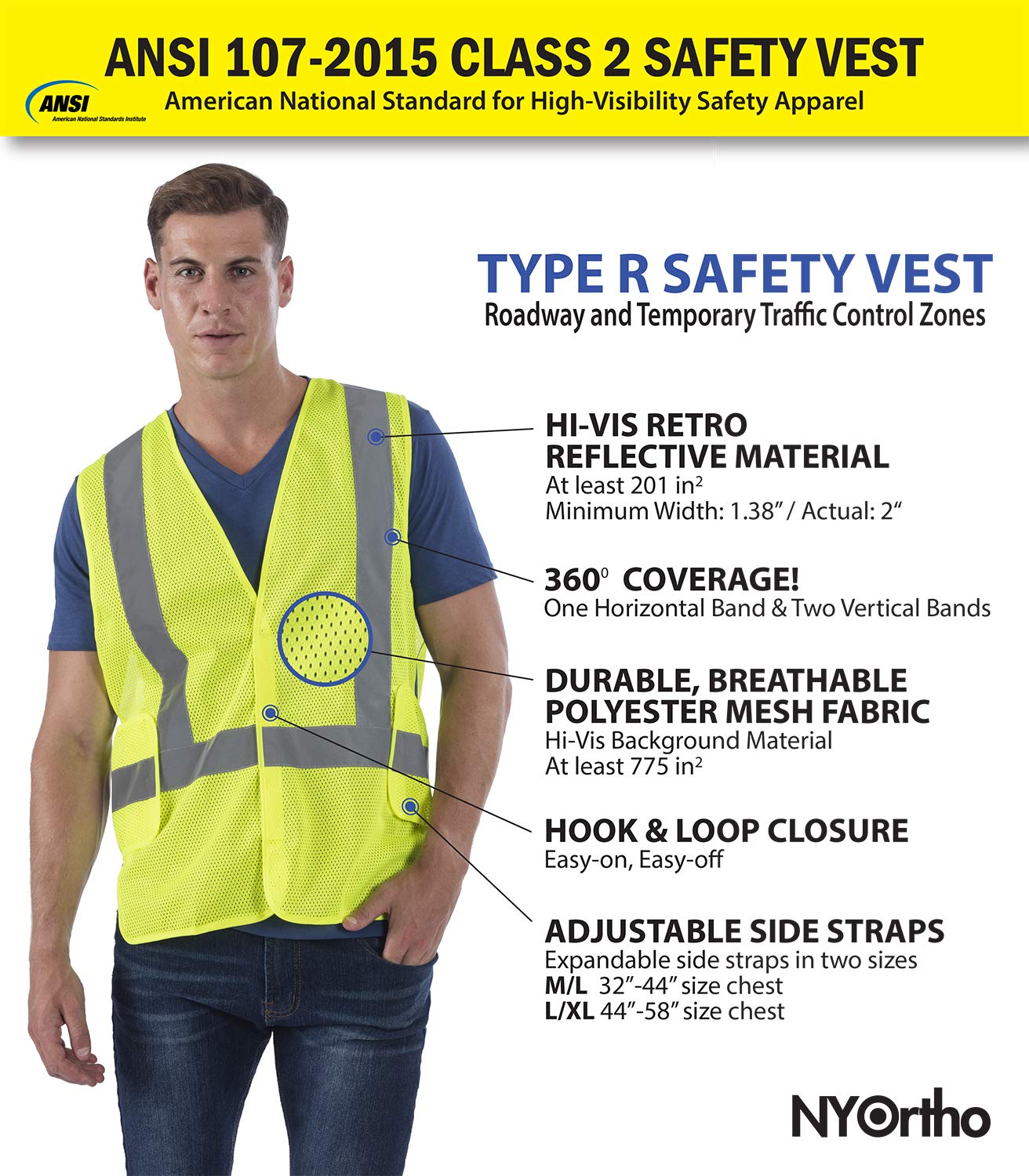 NYOrtho Reflective Vest For Walking - Highly Visible & Breathable Mesh Safety Vest Reflective -Lightweigh - Sweat-Free - ANSI/ISEA Class 3