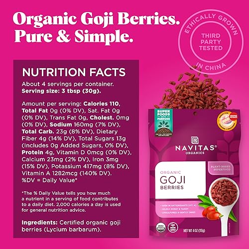 Navitas Organics Goji Berries, 4 oz. Bag, 4 Servings - Organic, Non-GMO, Sun-Dried, Sulfite-Free