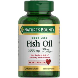 nature's bounty fish oil, supports heart health, dietary supplement, 300mg omega-3, 120 coated softgels