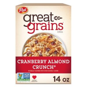 great grains cranberry almond crunch cereal, cereal with dried cranberries and almonds, non-gmo project verified, 14 oz box
