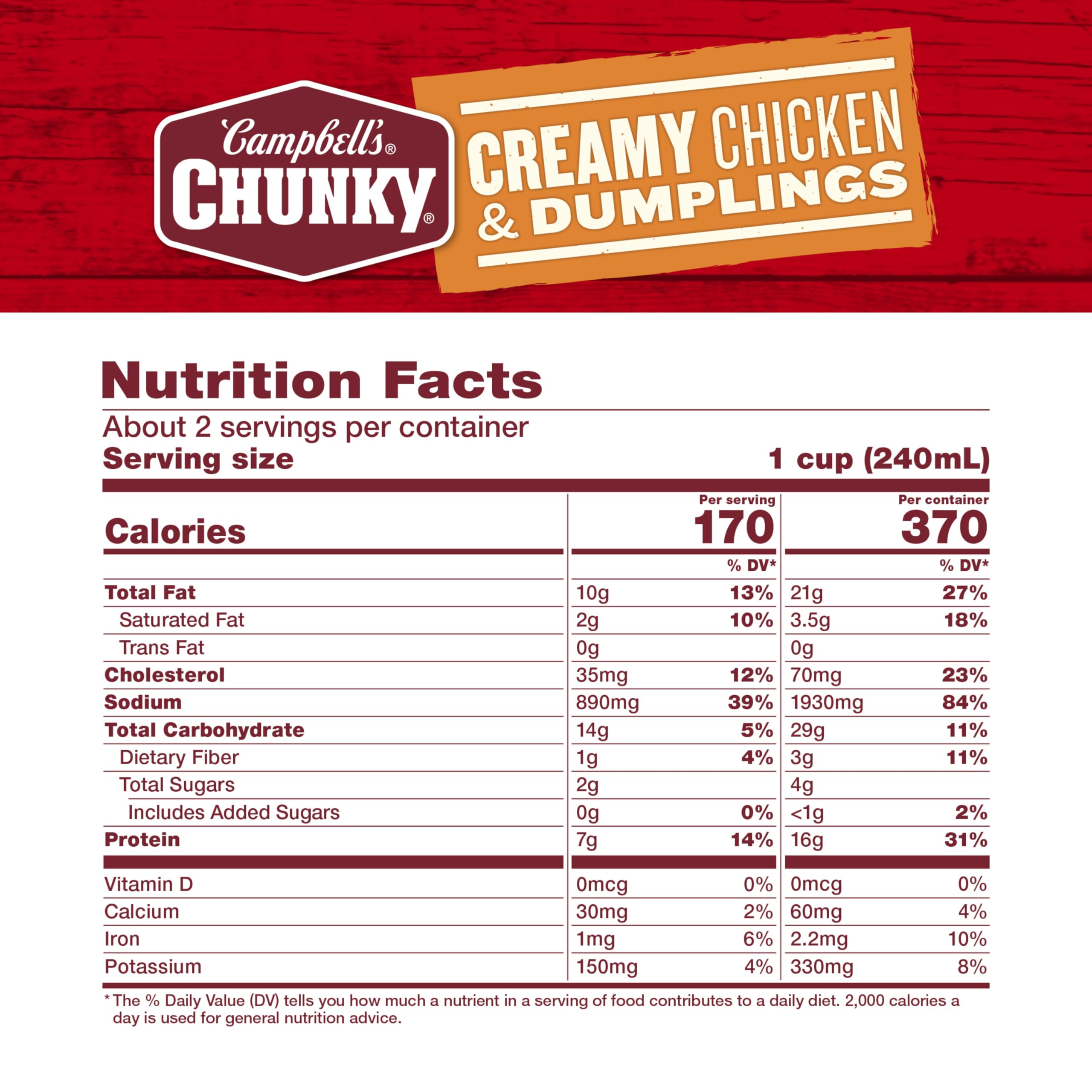 Campbell's Chunky Soup, Creamy Chicken and Dumplings Soup, 18.8 Oz Can (Case of 12)