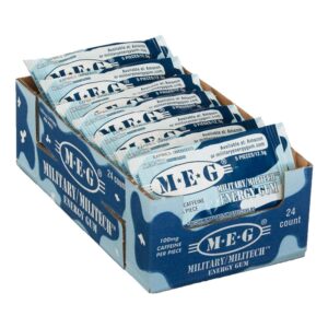 meg - military energy gum | 100mg of caffeine per piece + increase energy + boost physical performance + arctic mint 24 pack (120 count)