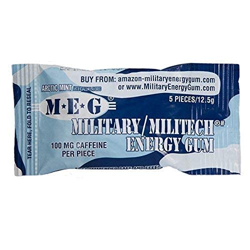 MEG - Military Energy Gum | 100mg of Caffeine Per Piece + Increase Energy + Boost Physical Performance + Arctic Mint 24 Pack (120 Count)