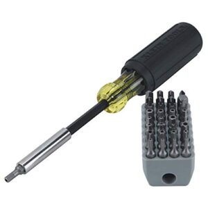 klein tools 32510 magnetic multibit screwdriver with sturdy torx, hex, spanner, tri-wing, torq and nut tamperproof bits and storage block