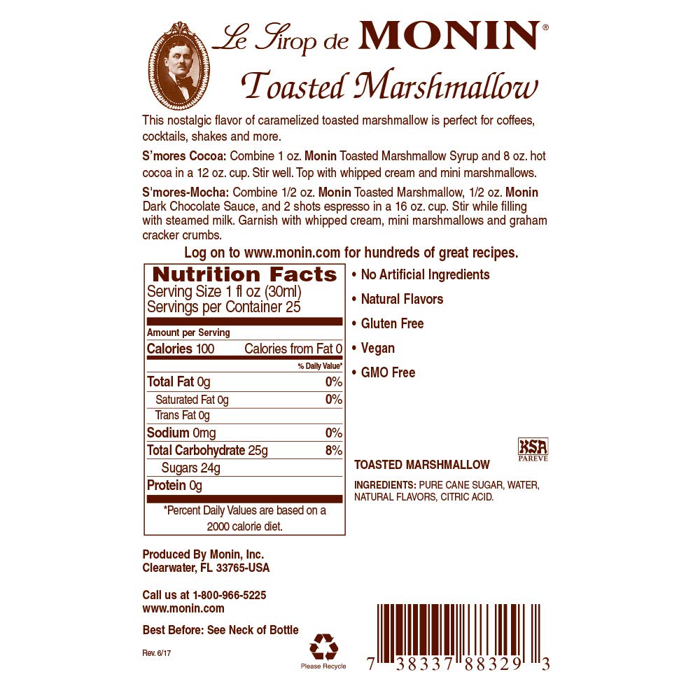 Monin - Toasted Marshmallow Syrup, Flavor of Campfire Treats, Natural Flavors, Great for Mochas, Shakes, Cocoas and Cocktails, Non-GMO, Gluten-Free (750 ml)