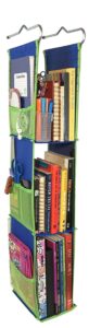 lockerworks 3 shelf adjustable hanging locker organizer, sturdy & compact, 20-38" tall x 6" wide x 9" deep, shelves 12-14" tall, hangs from shelf, hooks or rod to create storage. royal blue/green trim