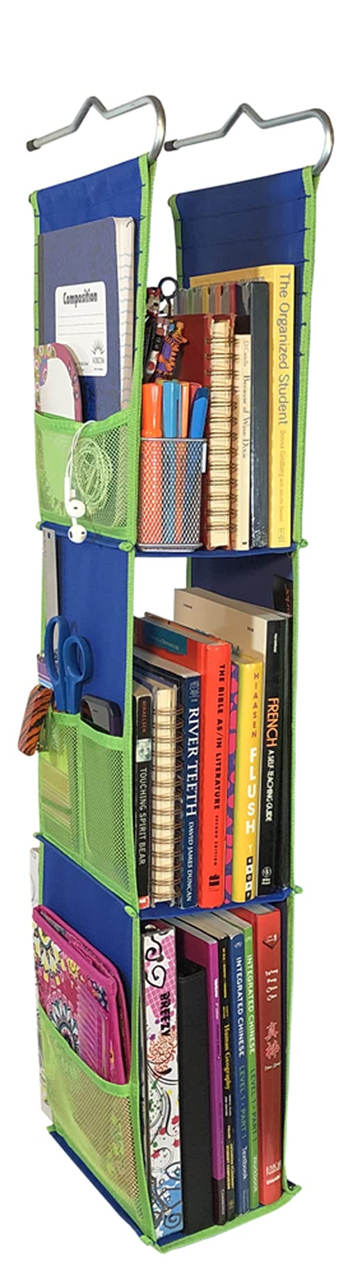 LockerWorks 3 Shelf Adjustable Hanging Locker Organizer, Sturdy & Compact, 20-38" Tall x 6" Wide x 9" Deep, Shelves 12-14" Tall, Hangs from Shelf, Hooks or Rod to create storage. Royal Blue/Green Trim