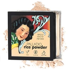 palladio rice powder, natural, loose setting powder, absorbs oil, leaves face looking and feeling smooth, helps makeup last longer for a flawless, fresh look
